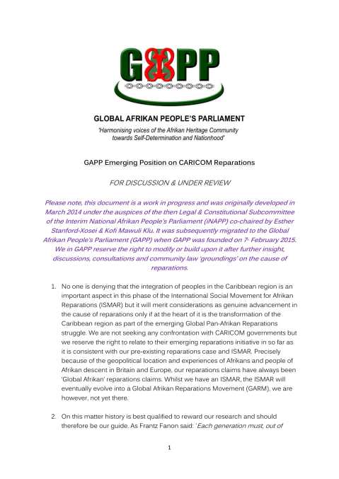 GAPP EMERGING POSITION ON CARICOM REPARATIONS MARCH 2014 - 7 FEB 2015-01